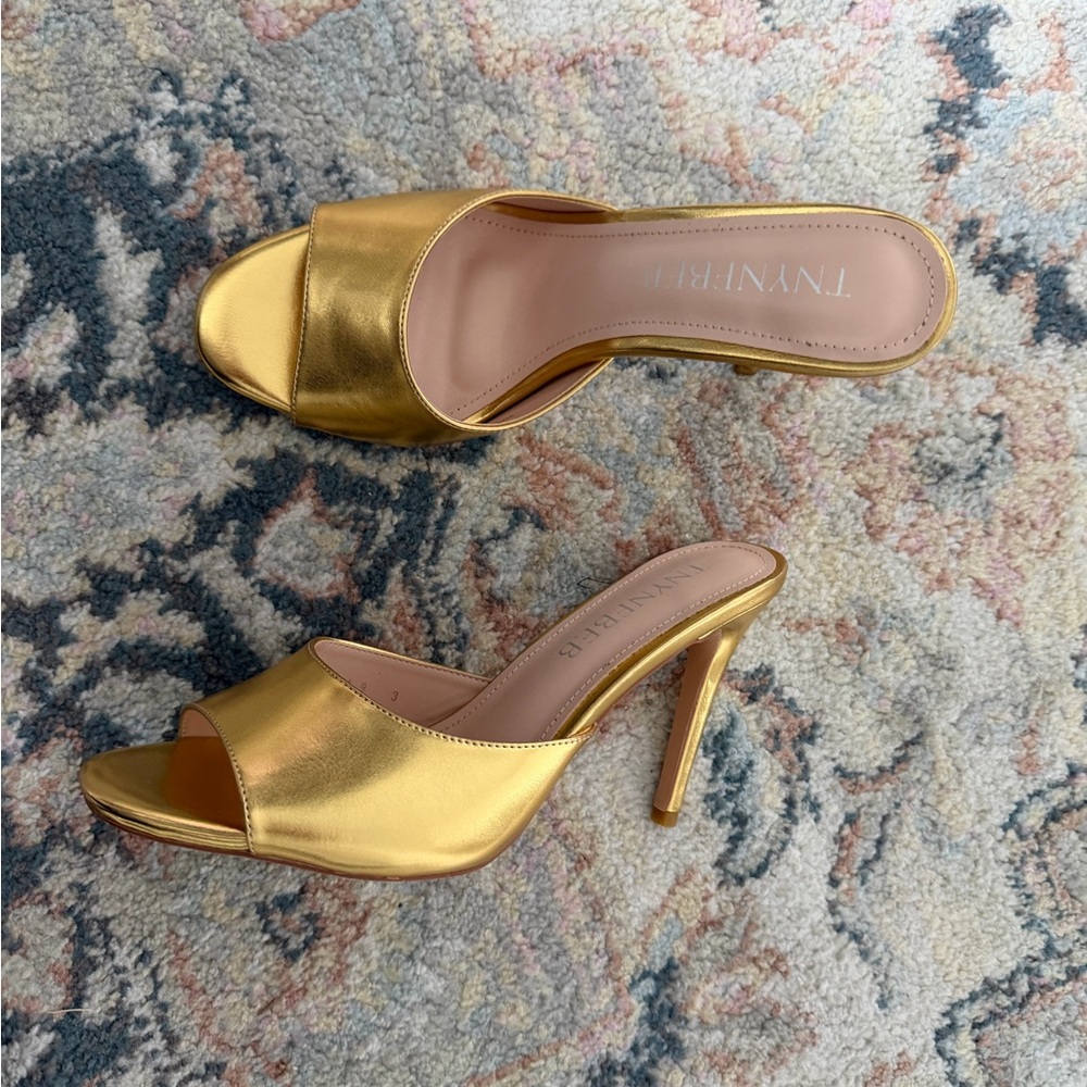 Gold Metallic Open-Toe Mule Heels